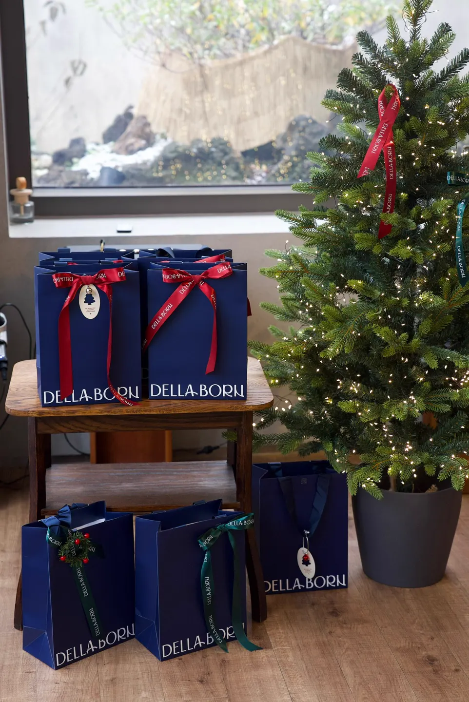 Christmas tree and sponsored gift bags