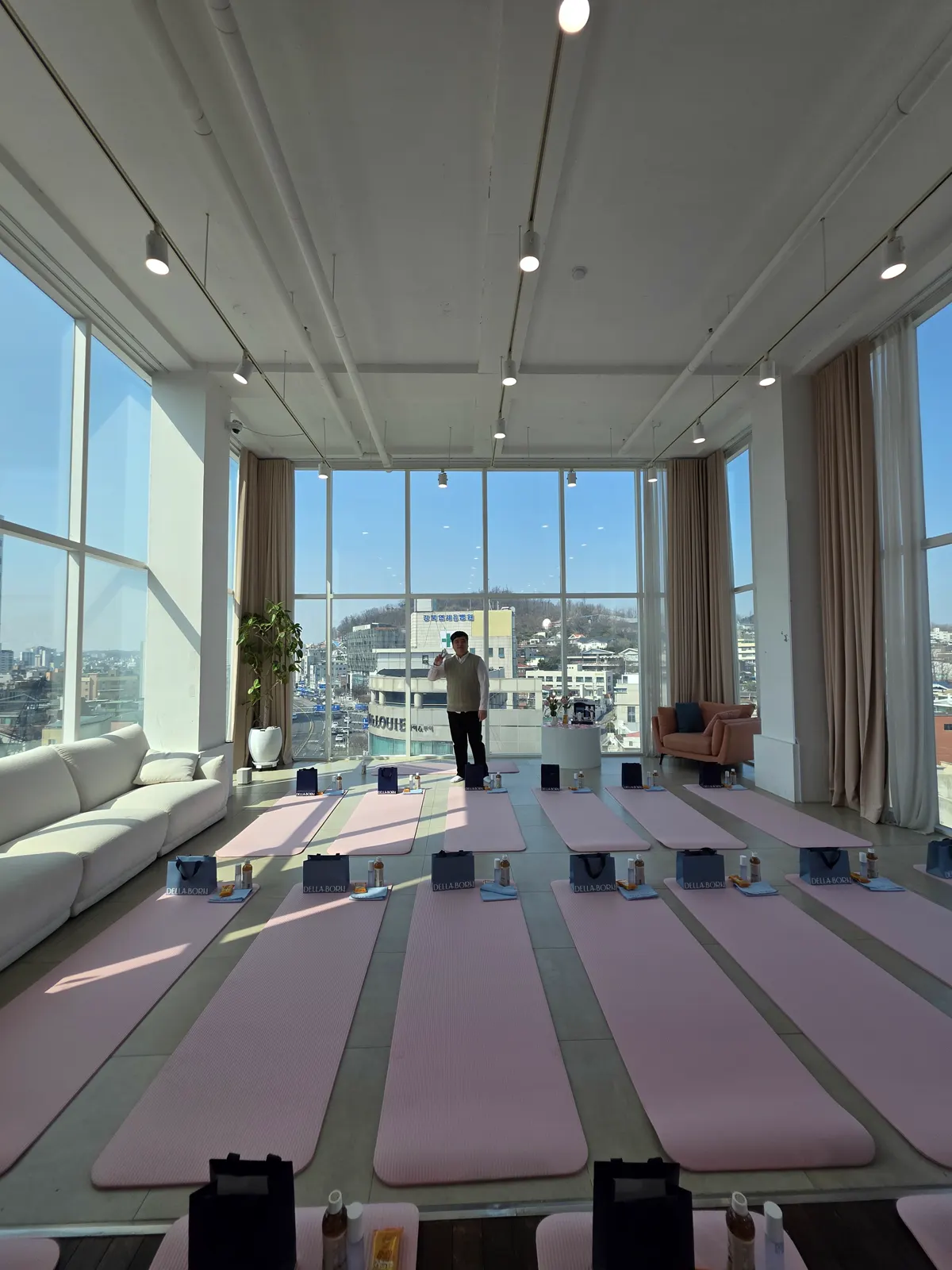 Wide view of the yoga studio