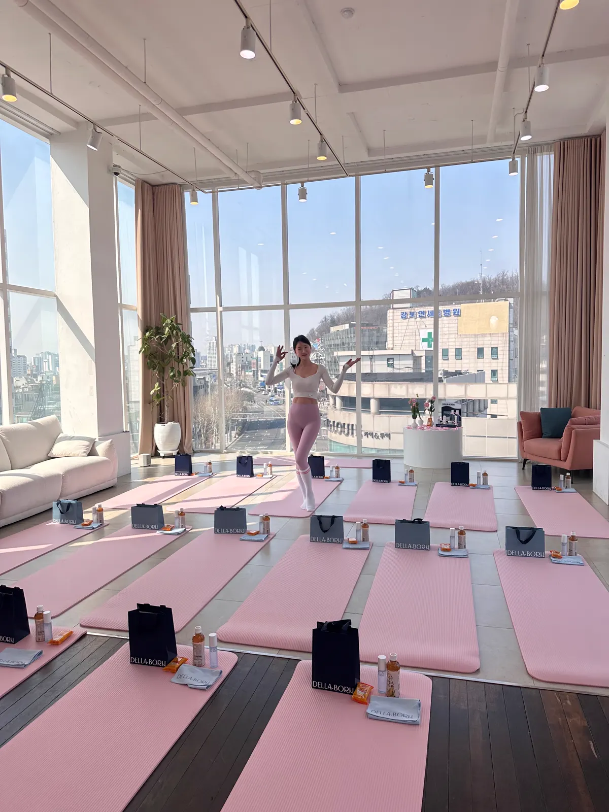 Yoga mats and skyline view