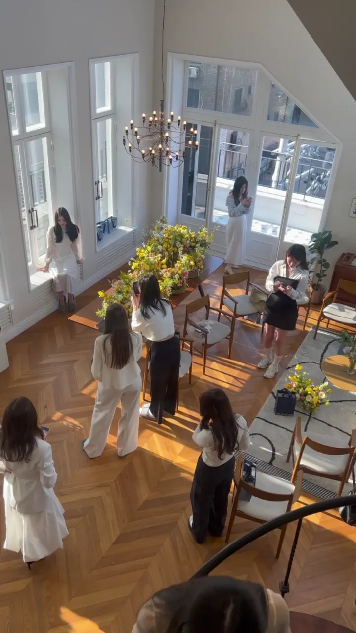 Wide overhead view of the flower gathering